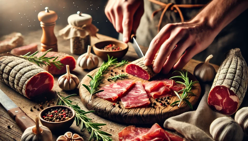 Cena detalhada de uma cozinha mostrando a preparação artesanal de embutidos. Cortes de carne fresca estão dispostos em uma tábua de madeira, cercados por especiarias como alho, pimenta e ervas, destacando a textura natural dos ingredientes em um ambiente rústico e autêntico