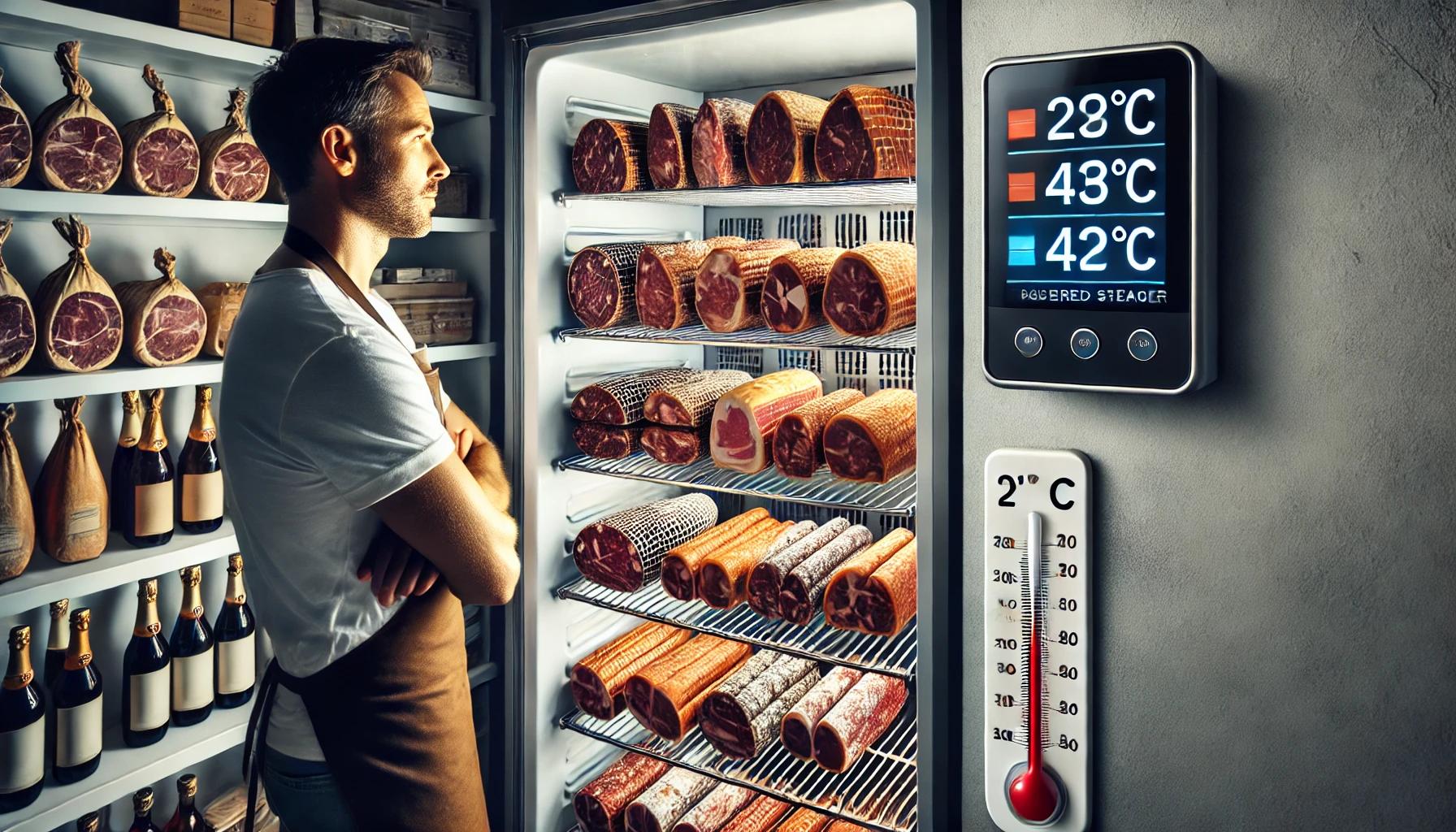 A wide-angle view of a neatly organized refrigerator shelf with cured meats in their original packaging and a thermometer displaying a temperature range between 2°C and 4°C, emphasizing proper storage for maintaining freshness and quality.